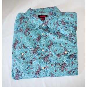 Rock & Roll Cowgirl Western Paisley Turquoise Long Sleeve Shirt Pearl Snap XXL